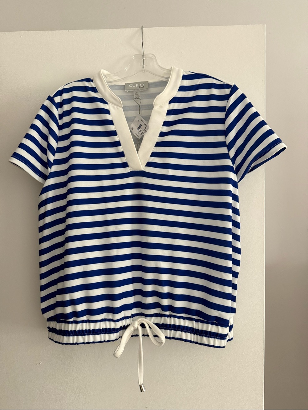 Cupio White & Blue Striped V-Neck Drawstring Tee